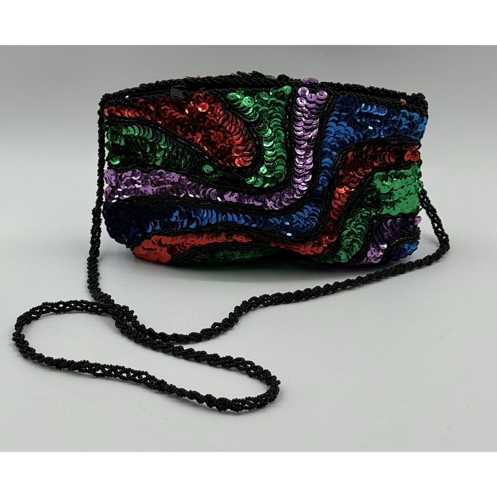 VTG LA REGALE Red Blue Purple & Green Sequins &‎ Black Beaded Small Evening Bag